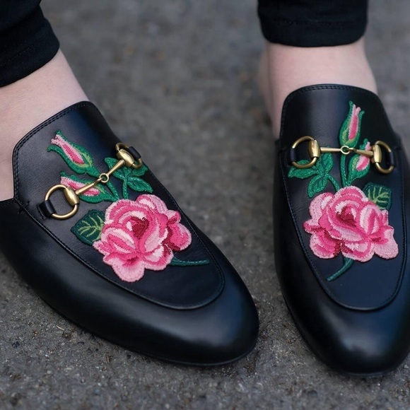 Gucci Princetown Floral Embroidered Loafers Slip On Slippers Mules - Picture 2 of 10